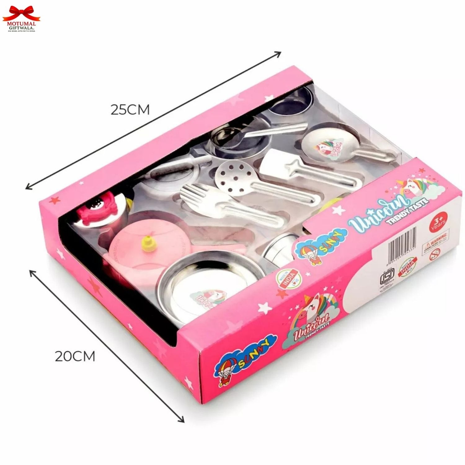 Children's kitchen playset in a pink box with measurements and branding.