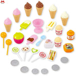 Set of toy ice cream cones, popsicles, and other sweet treats on a white background.