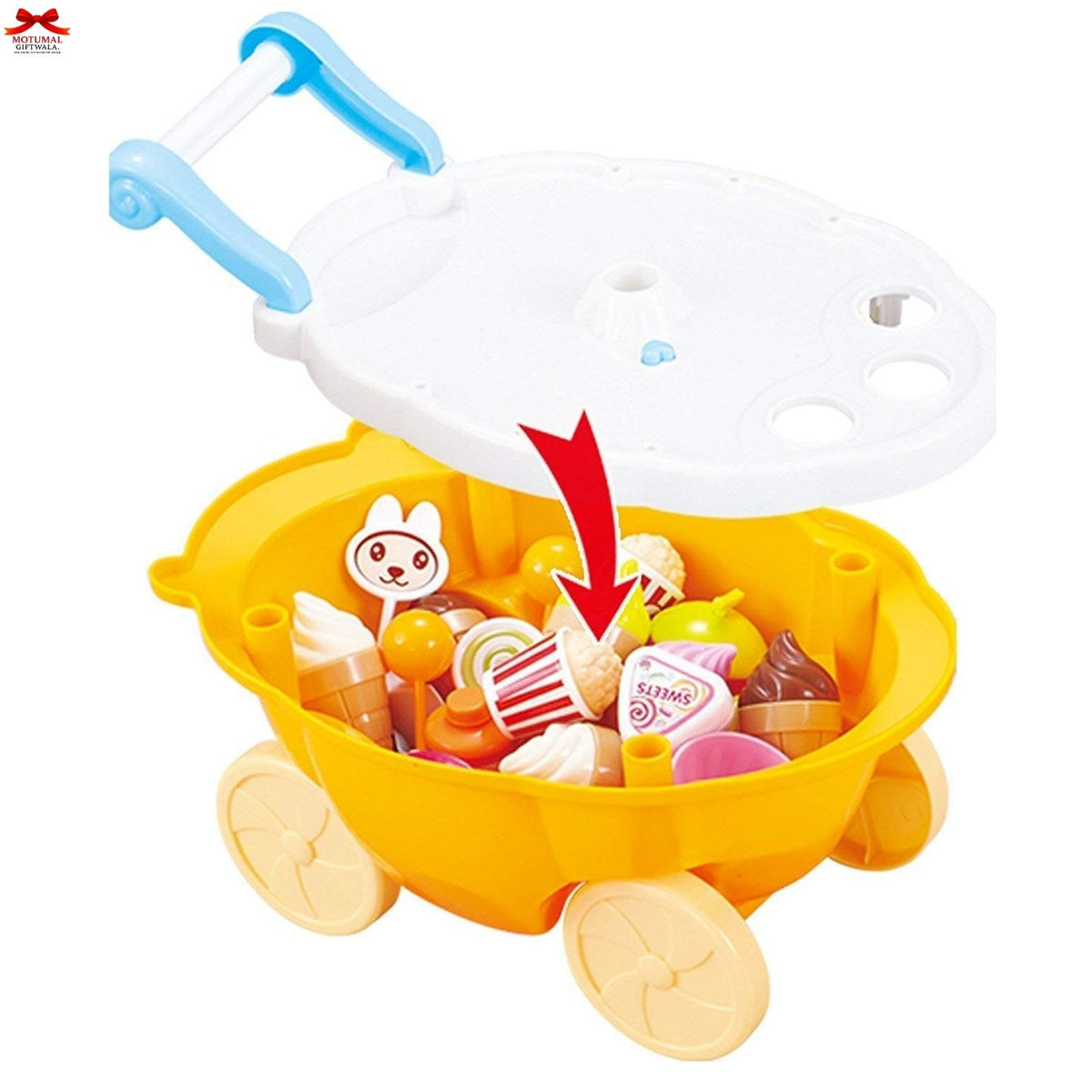 Toy shopping cart with candy items on a white background