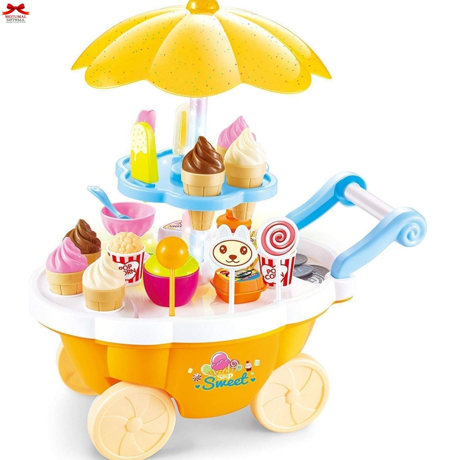 Toy ice cream cart with various toy ice cream cones and accessories on a white background
