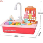Toy kitchen sink set with utensils and dimensions on a white background