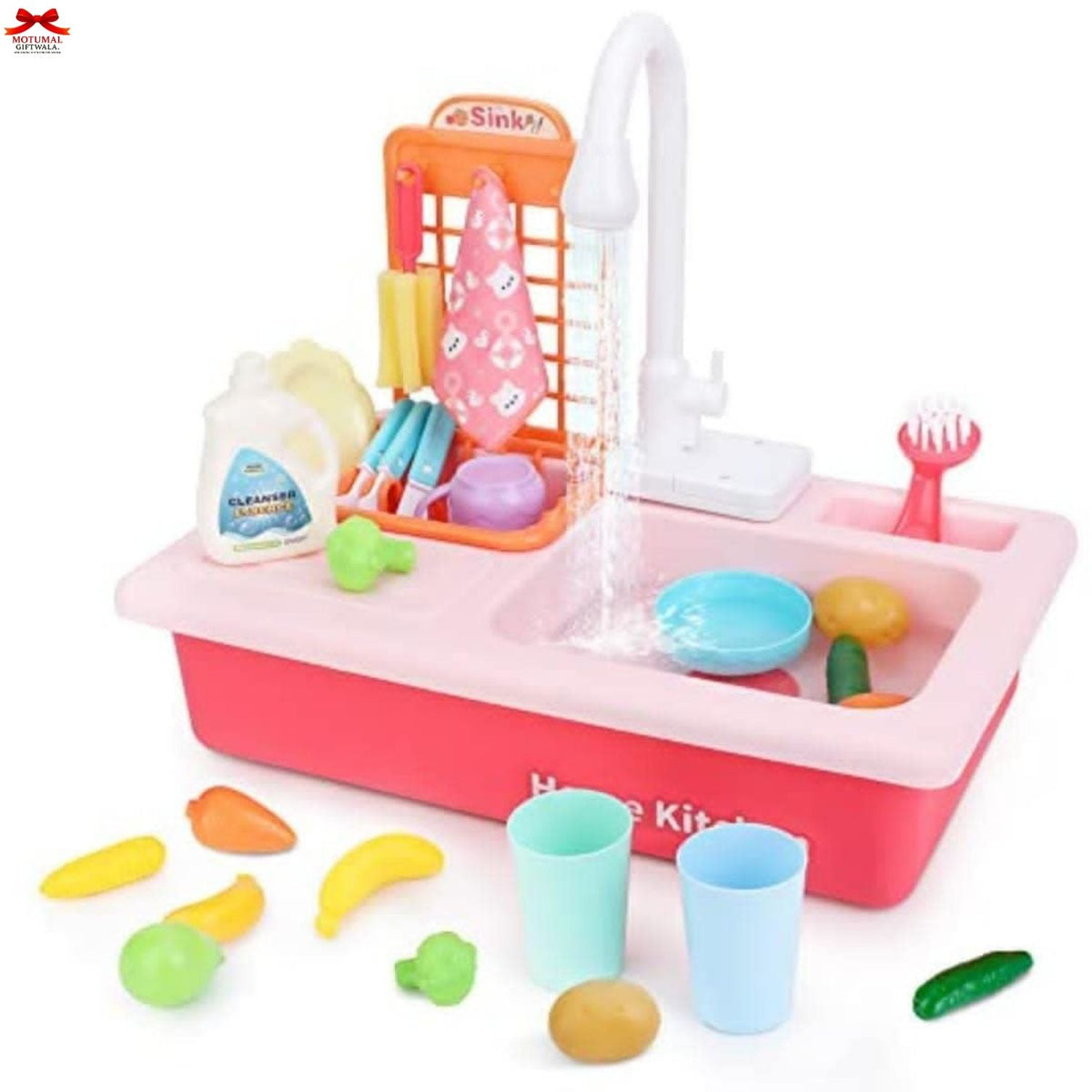 Toy kitchen sink set with various utensils and items on a white background