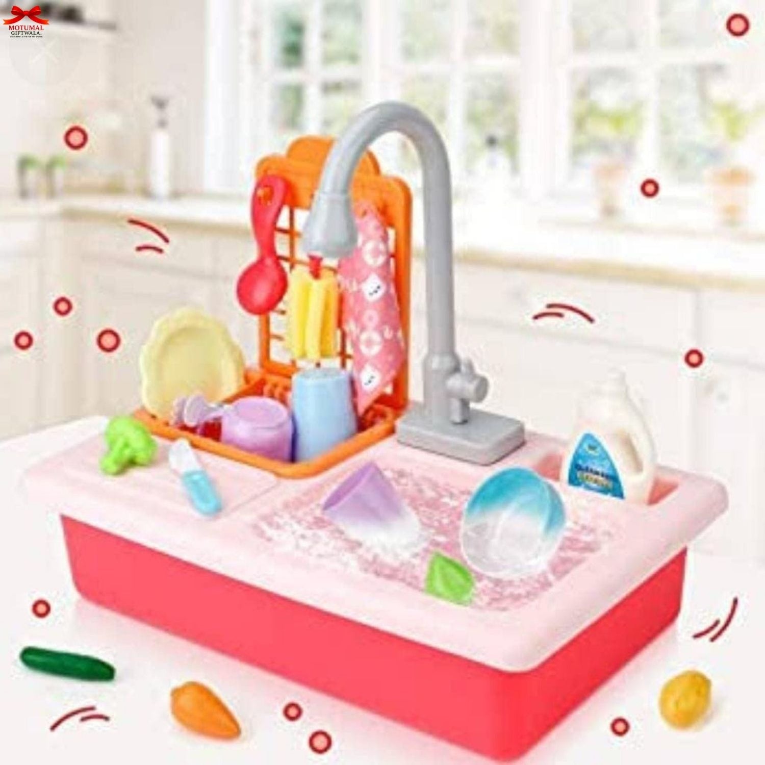 Children's toy kitchen sink set with utensils and faucet on a white background