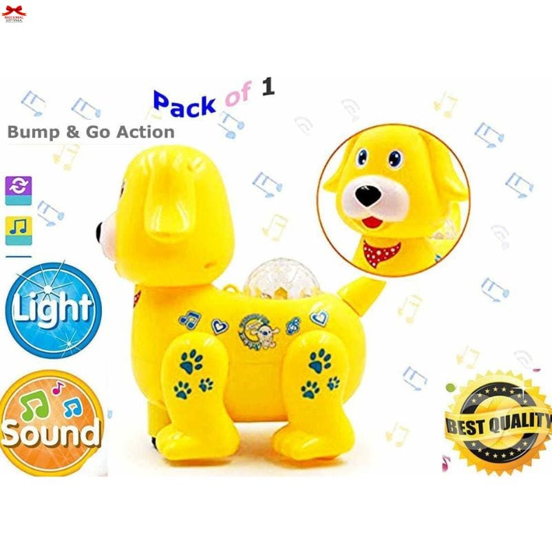 Musical Cartoon Dog Toy – 360° Rotating Dancing Puppy with Light & Sound – Happy Yellow Doggy for Kids – Bump & Go Action-motumal