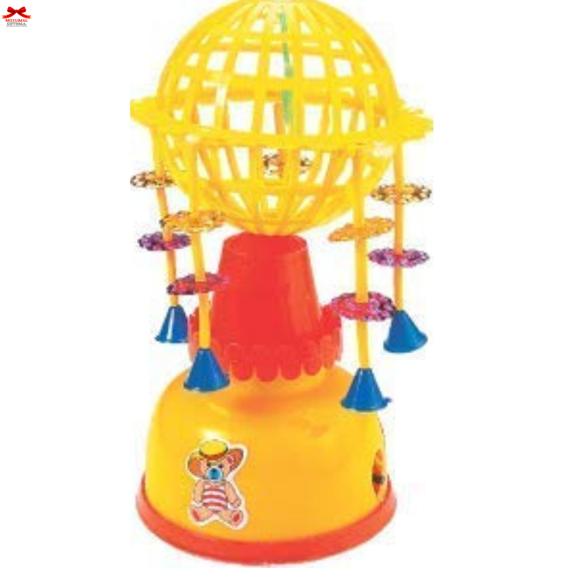Colorful toy with a yellow top and red base on a white background