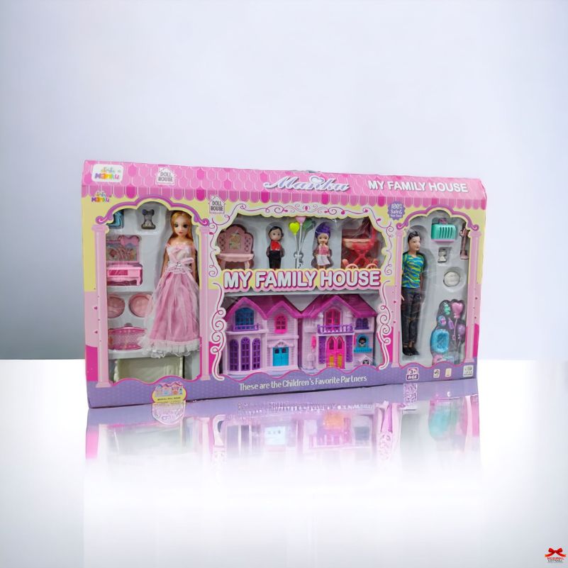 Toy set packaging with dolls and house on a white background