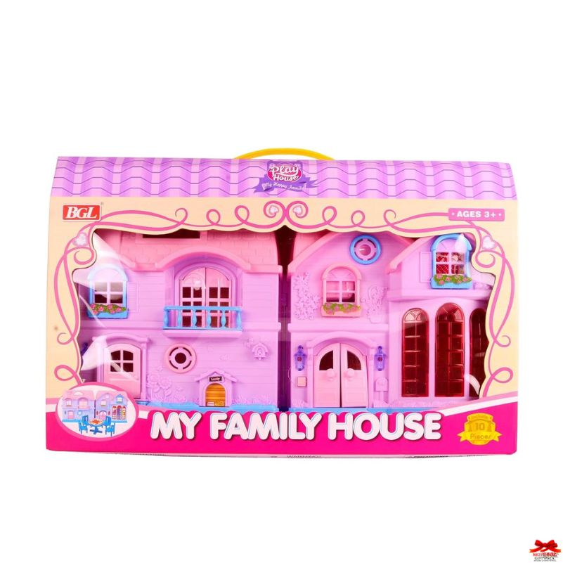 Toy house packaging with 'My Family House' text on a white background