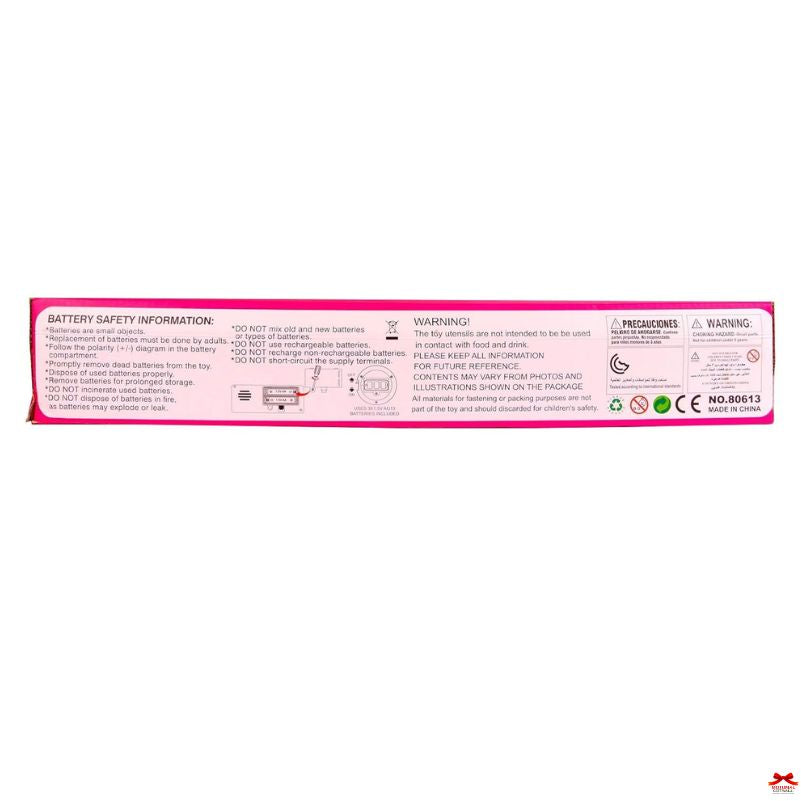 Battery safety information label on a pink background