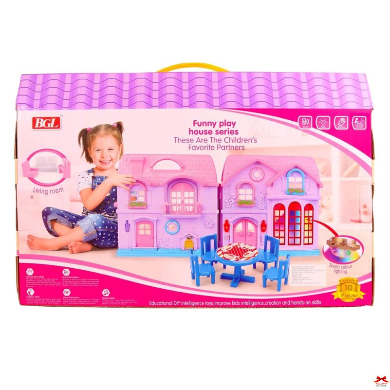 Toy house set packaging with a girl and house illustration on a white background