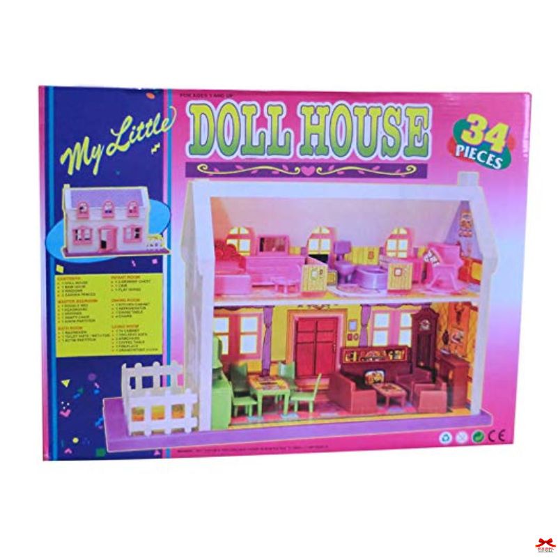 Toy dollhouse packaging with colorful design and 'My Little Doll House' text.