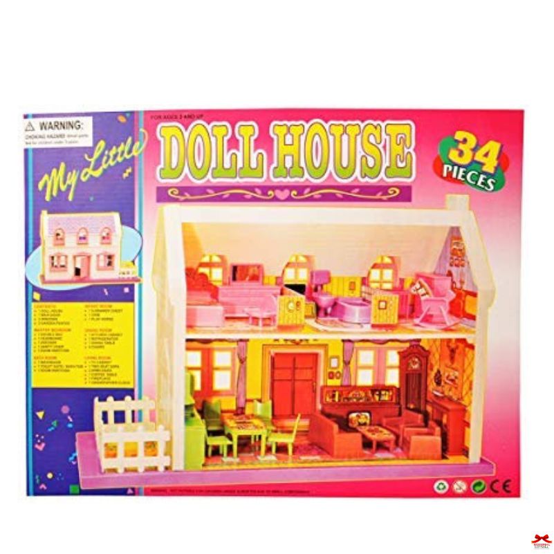 Dollhouse packaging with colorful design and toy house illustration