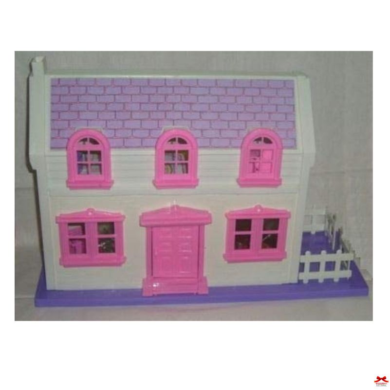 Toy dollhouse with pink windows and a purple roof on a white background