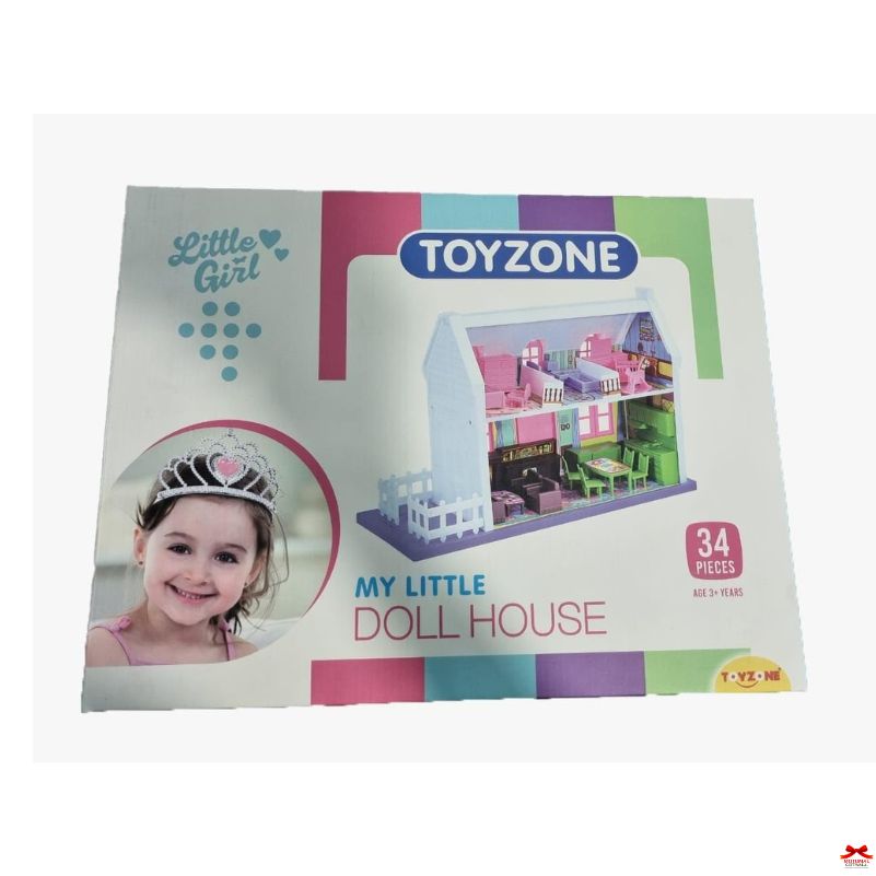 Toyzzone toy dollhouse packaging with a child's face and colorful design.