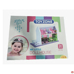 Toyzzone toy dollhouse packaging with a child's face and colorful design.