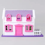 Small dollhouse with pink and purple details on a gray background