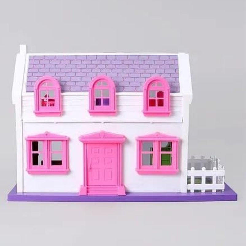 Small dollhouse with pink and purple details on a gray background