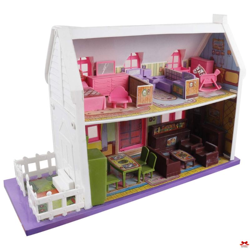 Dollhouse with detailed interior furniture on a white background