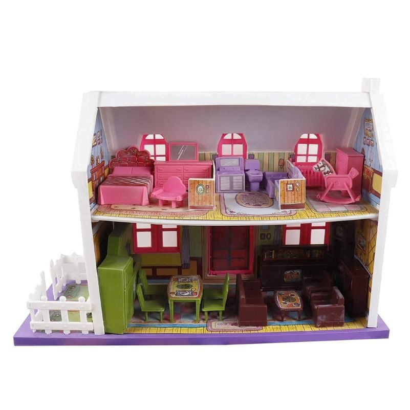 Dollhouse with colorful furniture on a white background