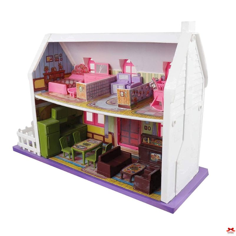 Dollhouse with colorful furniture on a white background