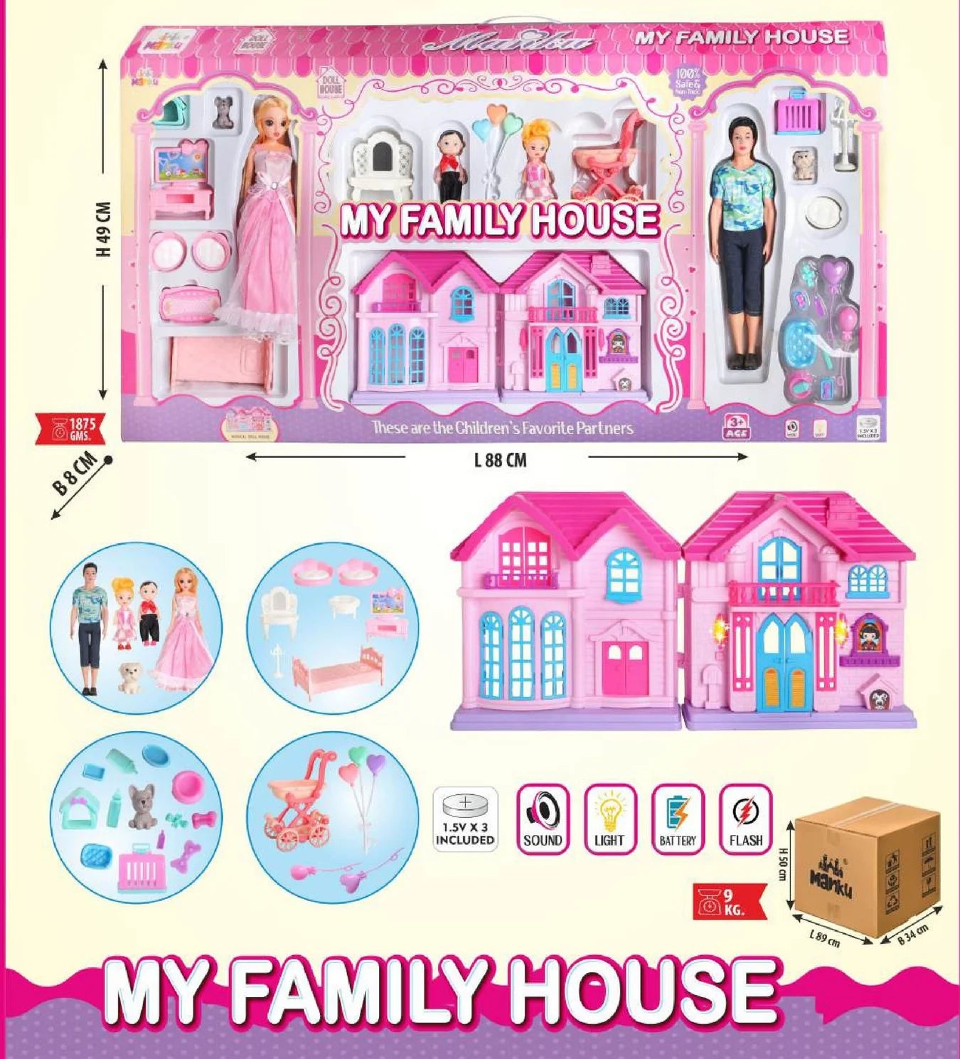 Toy house set with dolls and accessories on a white background