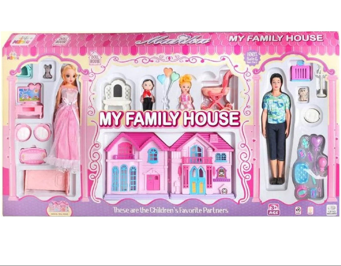 Toy house set packaging with dolls and furniture on a white background