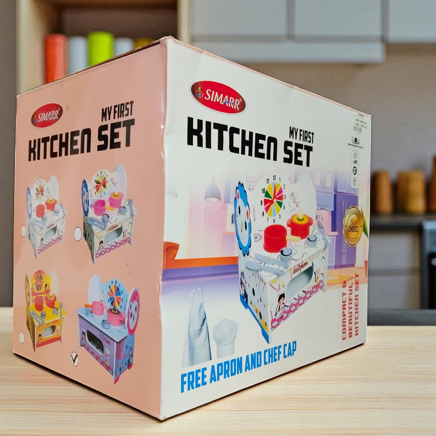 Side view of Simarr My First Kitchen Set toy packaging showing multiple kitchen set color options