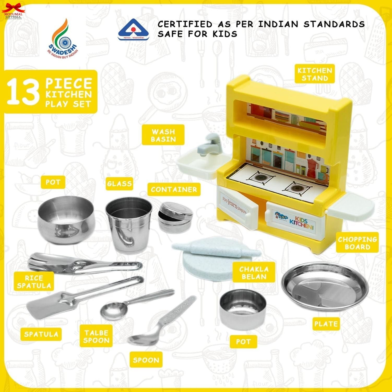 13-piece kitchen play set with labeled components on a white background