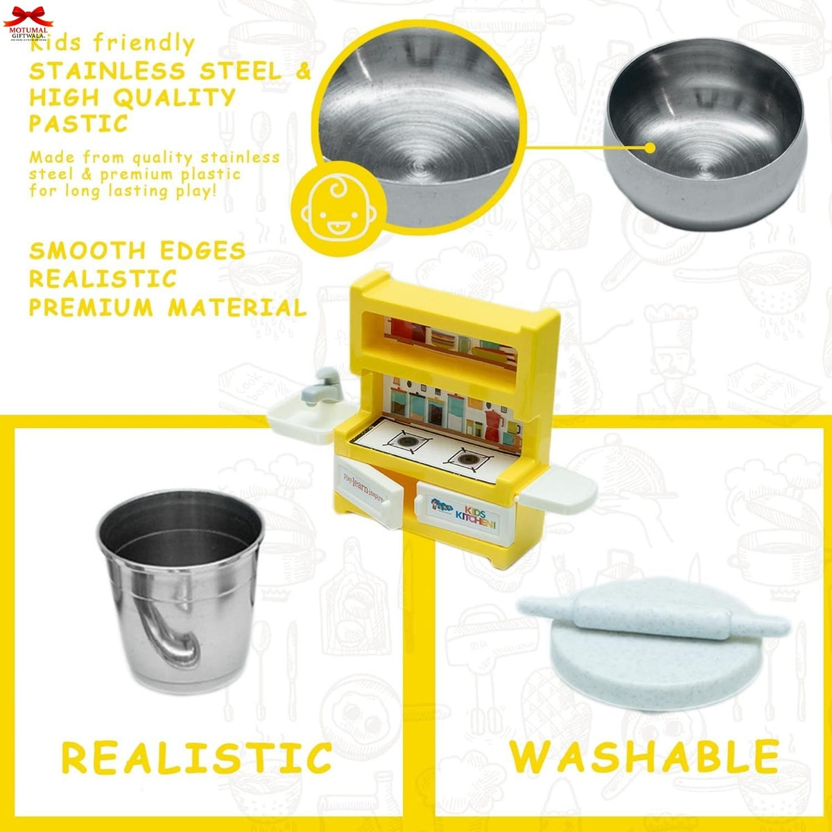 Toy kitchen set with stainless steel components on a white background