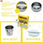 Toy kitchen set with stainless steel components on a white background