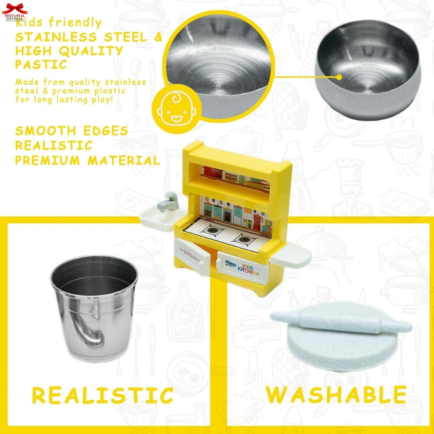 Toy kitchen set with stainless steel components on a white background