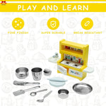 Children's play kitchen set with utensils on a white background, featuring text about product qualities.