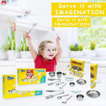 Child playing with toy kitchen set and utensils, with 'Serve it with Imagination' text.