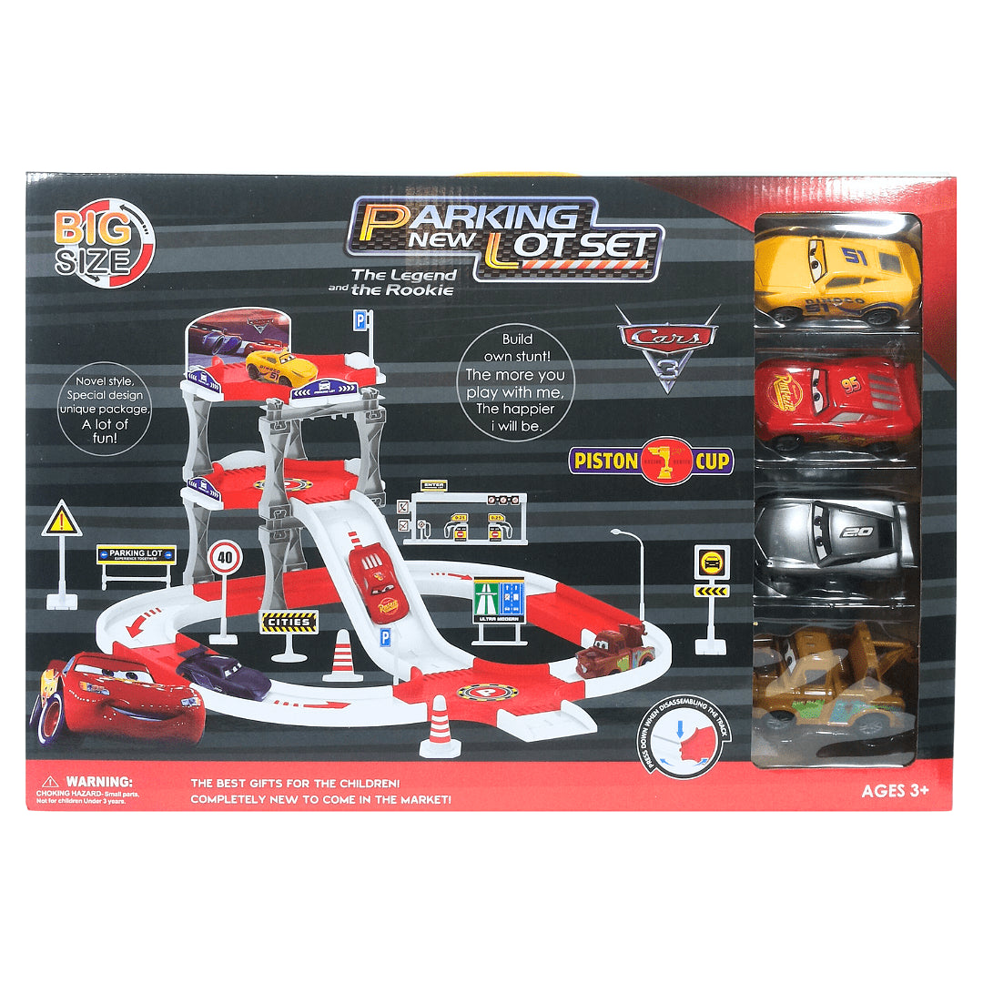 Toy parking lot set packaging with cars and track on a black background