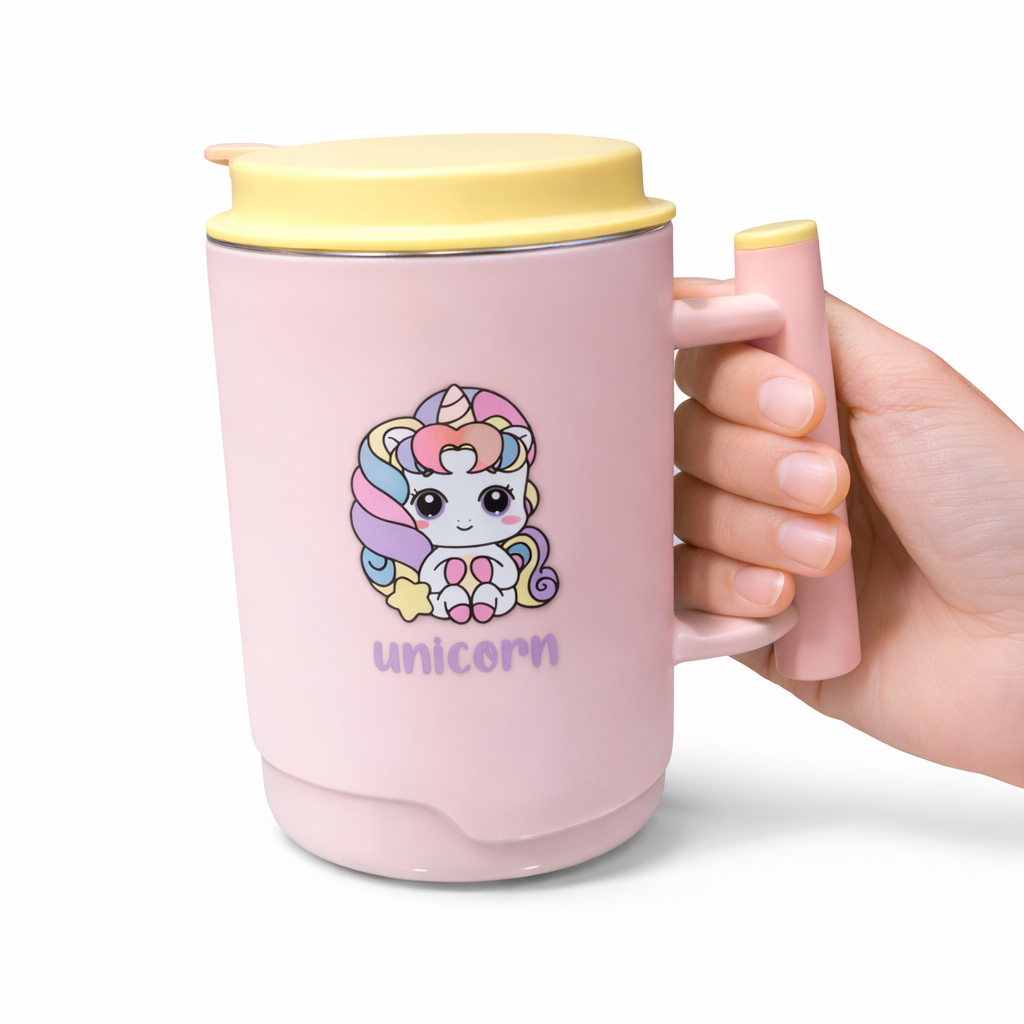 Pastel Pink Unicorn Mug Yellow Lid Handle Gift Motumal-motumal