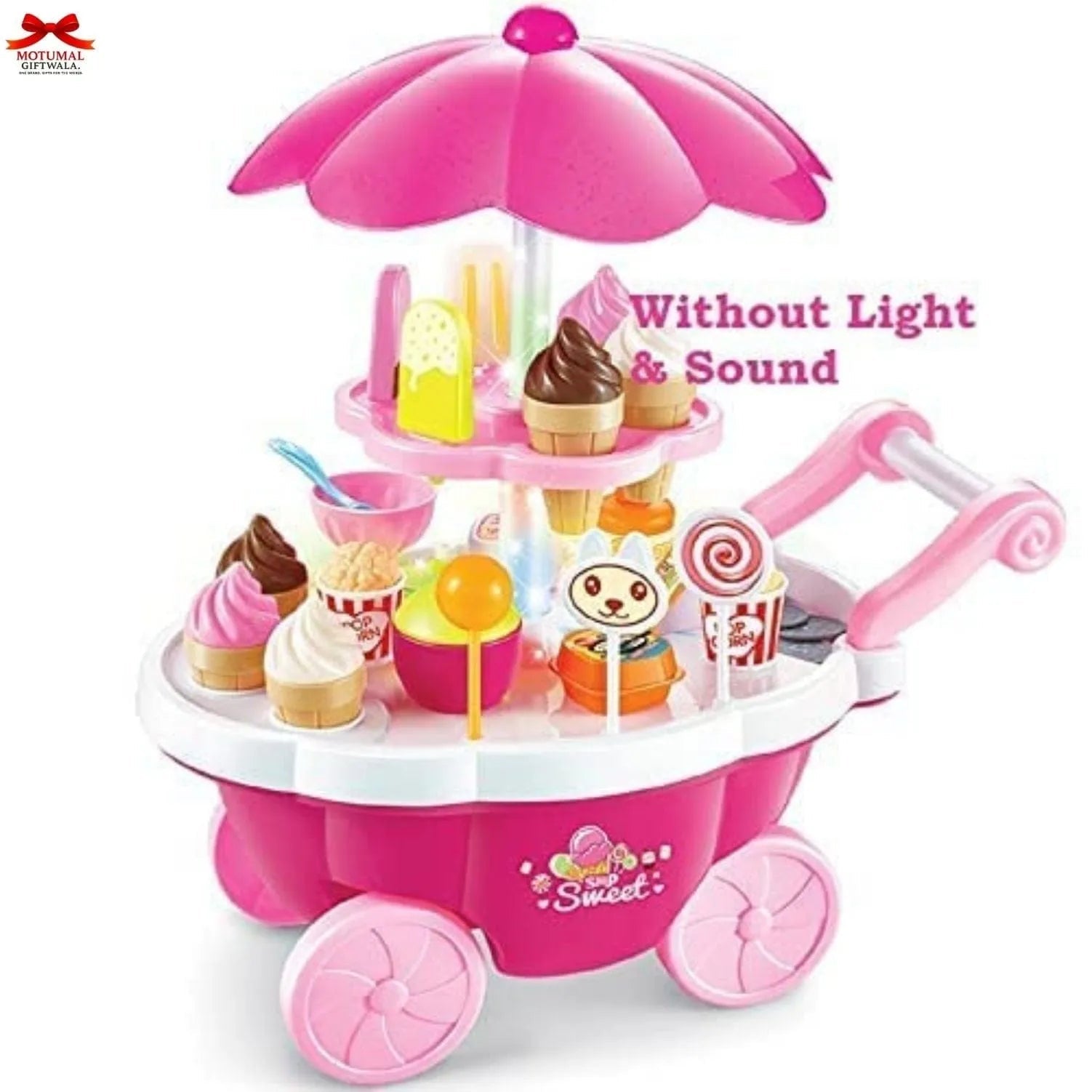 Pink Ice Cream Cart Role Play Toy Wheels Umbrella Motumal-motumal
