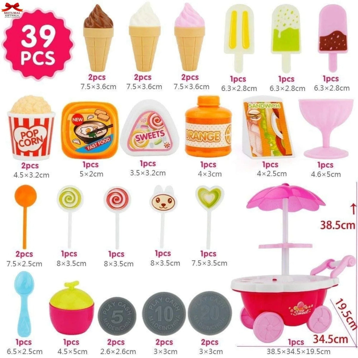 Pink Ice Cream Cart Role Play Toy Wheels Umbrella Motumal-motumal