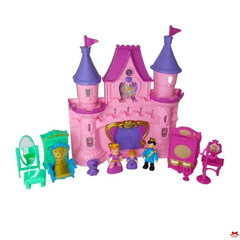 Pink toy castle with附属品和角色 on a white background