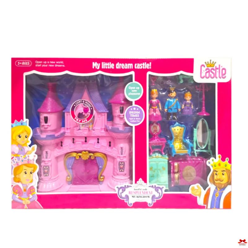 Toy castle set with figures in a pink box packaging