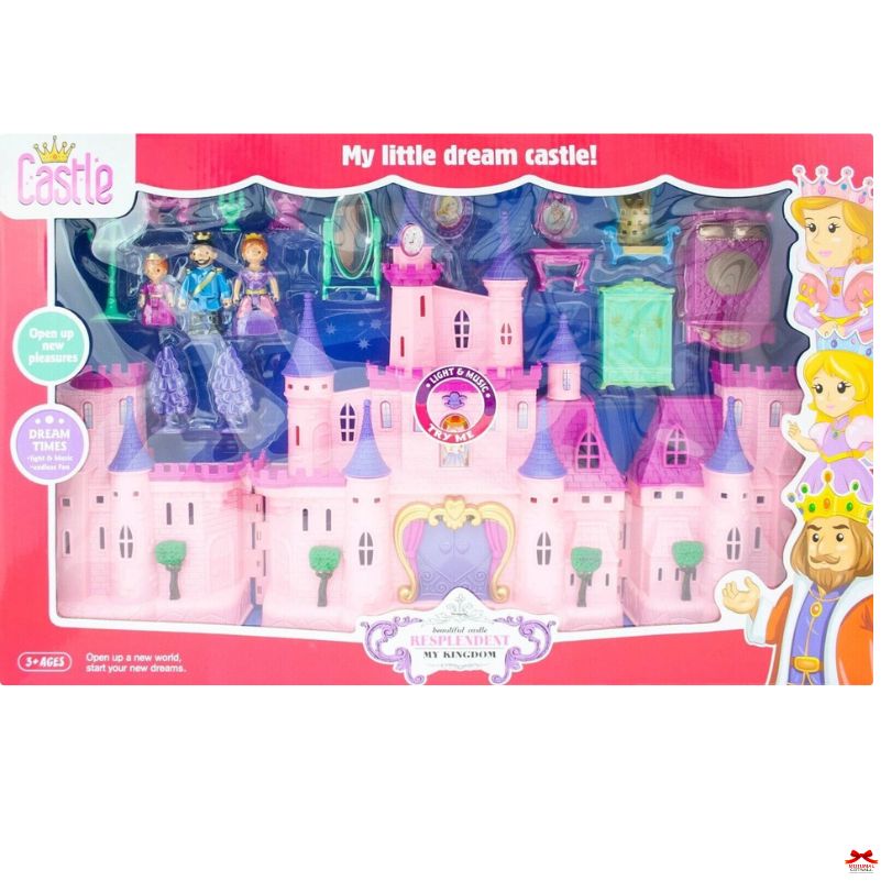 Toy castle set in packaging with princess and prince figures on a white background