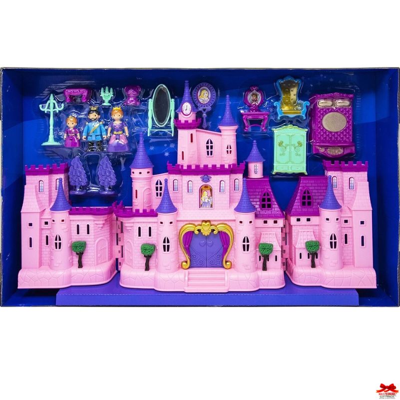 Toy castle set with various accessories in a box