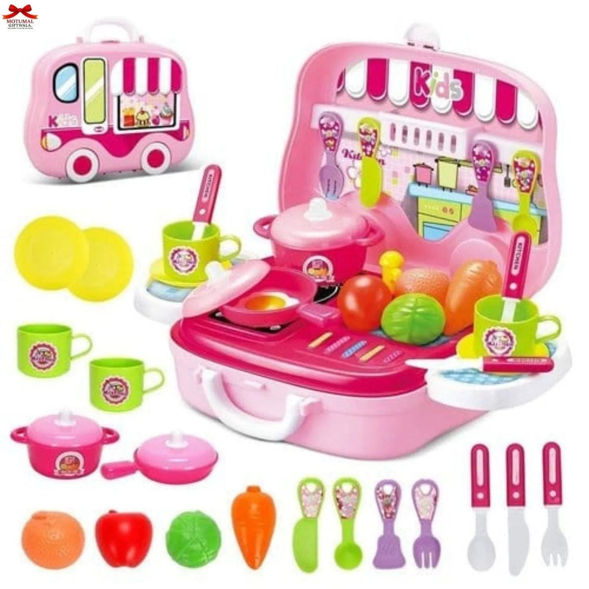 Pink Suitcase Kitchen Playset Kids 25 Accessories Motumal-motumal