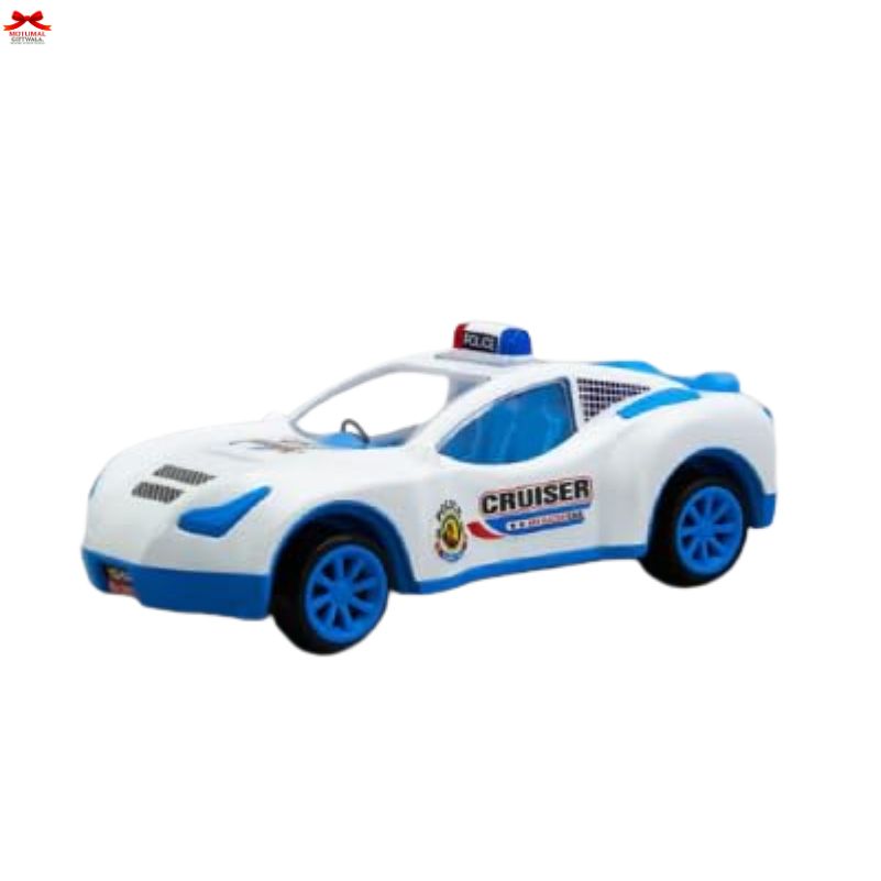 Toy police car with blue and white colors on a white background