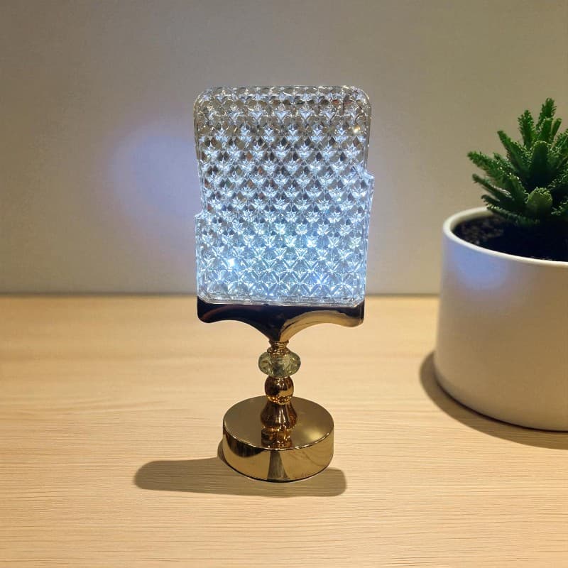 Decorative lamp with crystal shade on a wooden surface next to a plant
