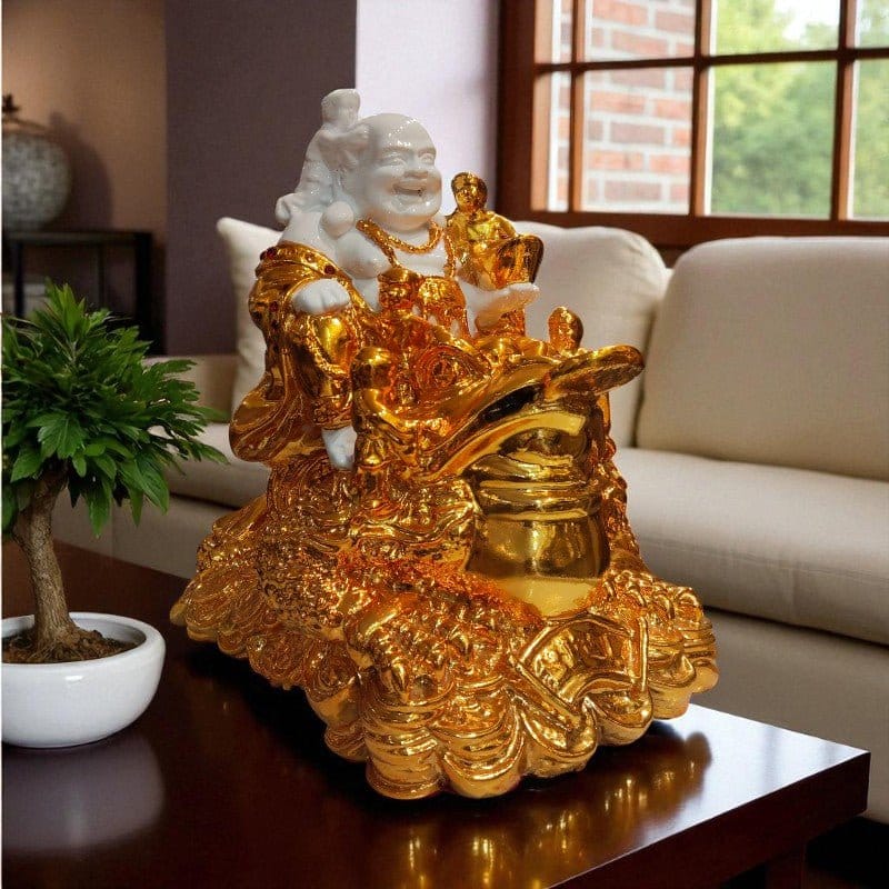 Premium Golden Laughing Buddha On Dragon Poly Resin Figurine Motumal-motumal