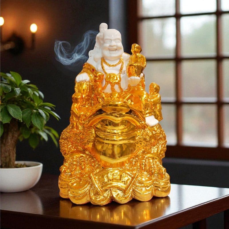 Premium Golden Laughing Buddha On Dragon Poly Resin Figurine Motumal-motumal