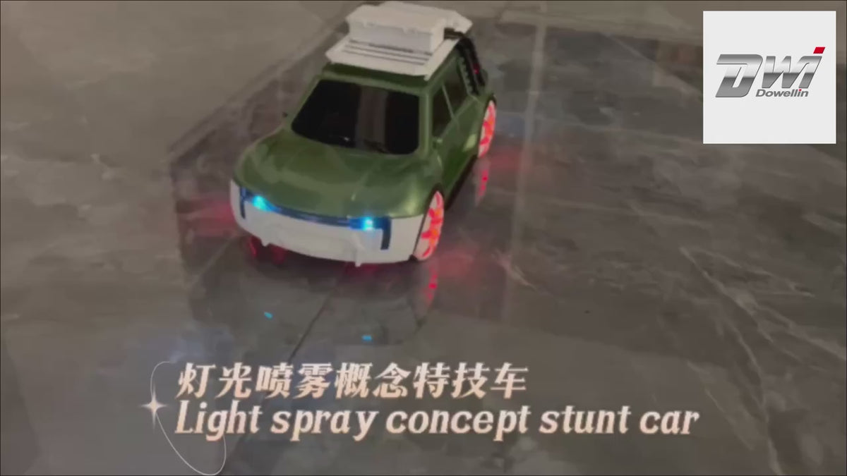 Action video of remote control off-road stunt car showing 360-degree rotation and dynamic spray effects.