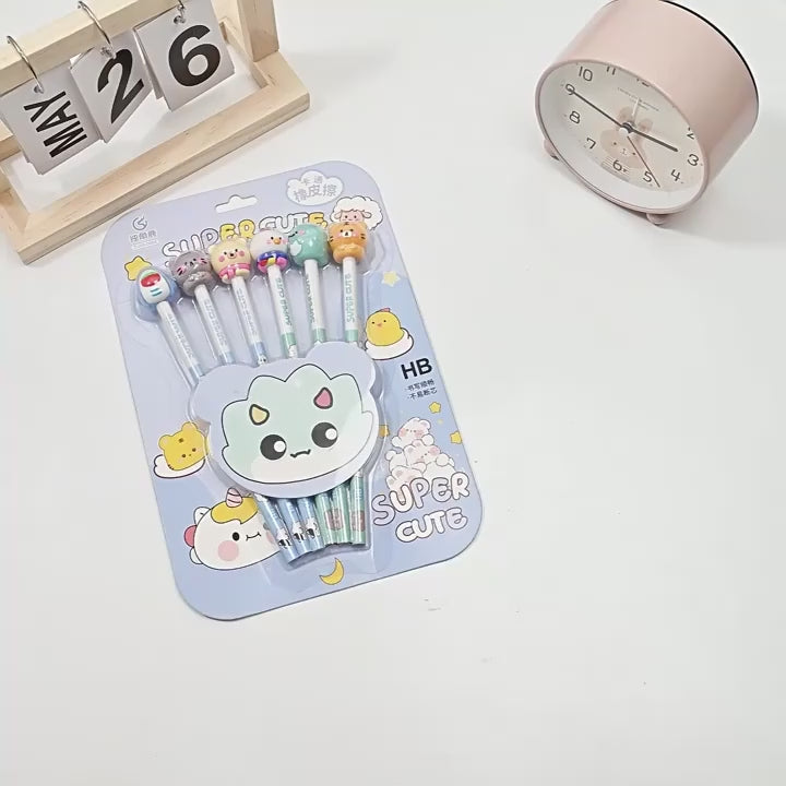 Set of pens with cartoon characters on a pink packaging labeled 'Super Cute' on a white background.