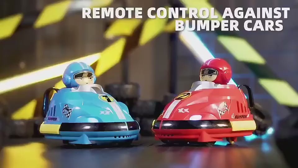 Action gameplay video of remote control against bumper cars showing 360 rotation and catapulting drivers.