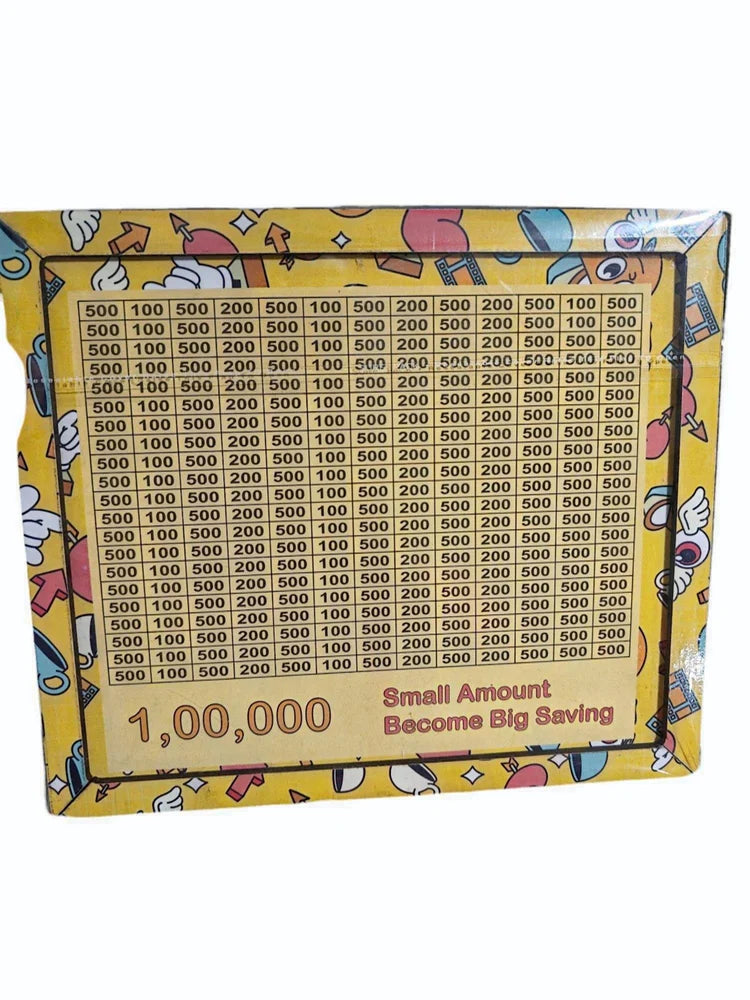 Packaged savings chart with numbers and motivational text on a yellow background