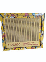 Packaged savings chart with numbers and motivational text on a yellow background